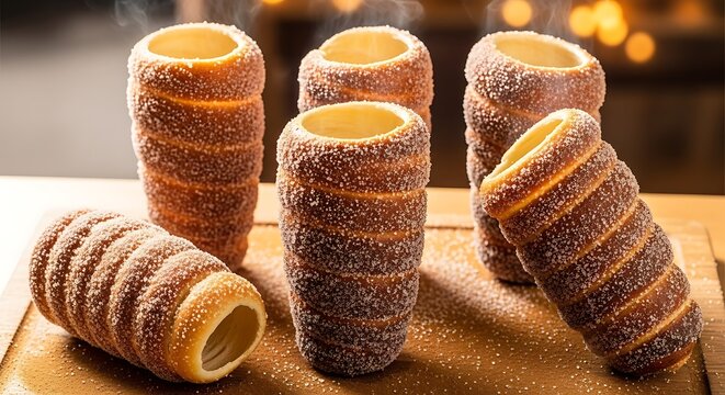 Delicious chimney cakes covered in sugar on a wooden surface.