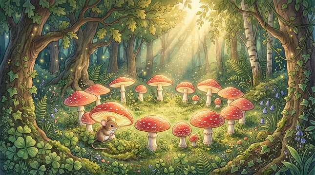 Enchanted Mushroom Circle with Forest Mouse