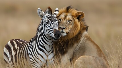 Fototapeta premium Male lion with golden mane embracing zebra in grassland savanna showing unusual friendship between predator and prey animals in wildlife nature scene.