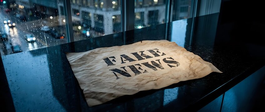 Crumpled newspaper with fake news headline lying on dark surface in modern office environment with city lights background.
