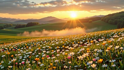 beautiful landscape field wildflowers sunset sky filled orange yellow hues sun setting background sun partially hidden behind clouds casting warm glow over scene field covered blanket white yellow
