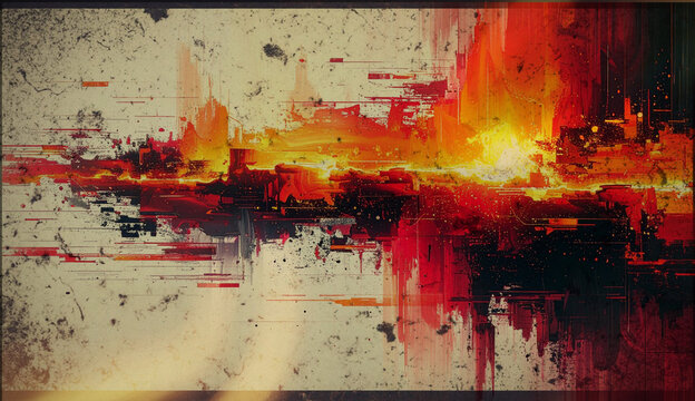 Abstract red orange fire explosion grunge background with glitch effect, paint splatter and digital distortion