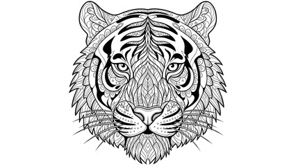 Obraz premium Detailed illustration of a tiger's face showcasing intricate line art and facial features in a close-up view