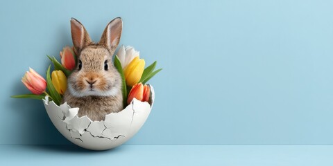 Fototapeta premium Easter rabbit popping out of cracked egg with colorful tulips on blue background
