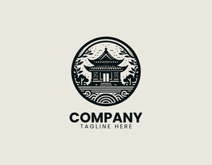 Traditional Asian house near water with circular frame is presented as clean monochrome vector logo on white background