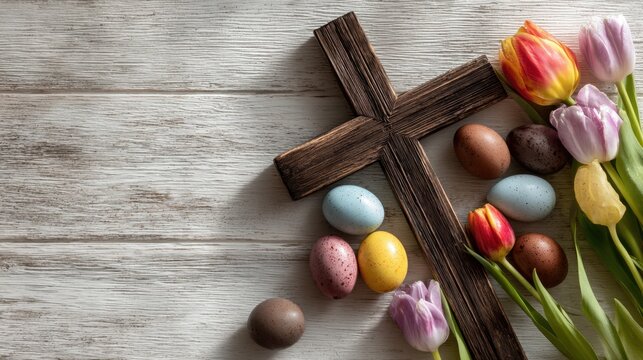 Easter wooden cross with colorful eggs and tulips on rustic white wood background