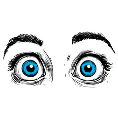 Fototapeta premium Detailed vector illustration of wide surprised blue eyes, featuring an expressive ink sketch style, suitable for character design and emotional reactions in graphic design.