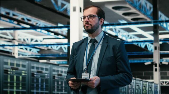 Upgrading systems, tablet and software developer in data center using augmented reality to install server racks. Monitoring server hub, VFX overlay and employee using device automation app, camera B