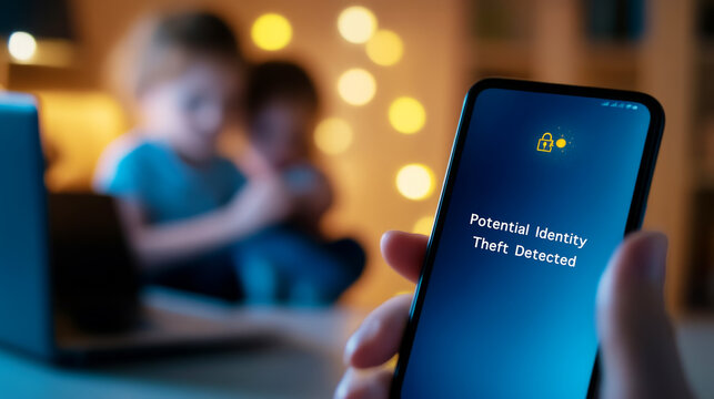 Cybersecurity alert on smartphone displayed for identity theft detection