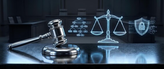 Wooden gavel with digital justice scales and security icons on dark surface representing legal technology, cybersecurity law, and modern judicial system.