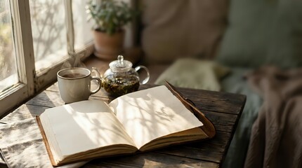 Cozy reading corner with open book, tea cup and teapot on wooden table by window with natural light creating peaceful atmosphere for relaxation.