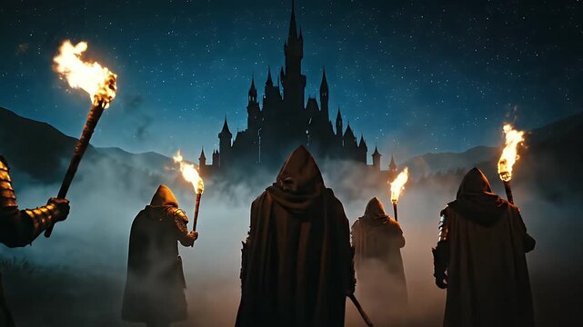 Atmospheric Night Scene of Armored Soldiers with Fire Torches Approaching a Dark Medieval Castle
