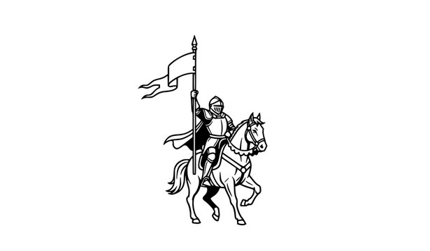 Mounted medieval knight with banner victory symbol vector illustration historical warrior isolated on white