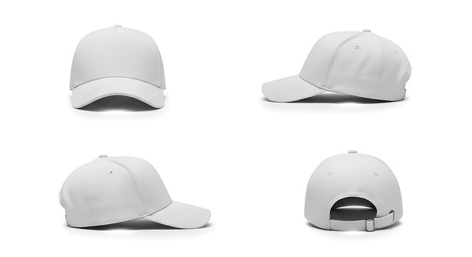 Four white baseball caps in different angles and positions shown