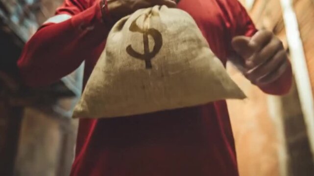 A close-up perspective captures a person holding a rustic burlap sack, prominently emblazoned with a bold dollar sign. The backdrop features a blurred, dimly lit urban environment, adding a subtle sen