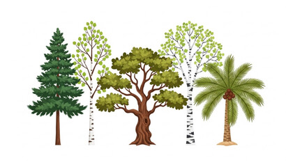 Tree collection vector illustration featuring tropical palm, oak, pine, and birch foliage design © Rasel