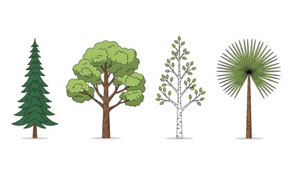 Stylized botanical tree vector illustration with pine, oak, birch, and palm forest species © Rasel