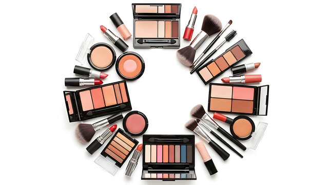 Assortment of makeup products arranged in a circular pattern