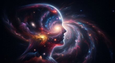 Fototapeta premium Vast cosmic intelligence, swirling nebulae forming a thinking entity observing all time and space, cosmos, illustration, energy