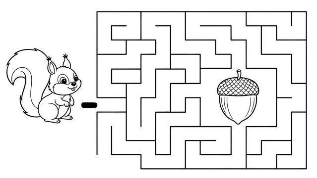 A cartoon squirrel navigates through a complex maze to reach an acorn in a black and white illustration