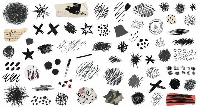 Conjunto de rabiscos e elementos gr&aacute;ficos abstratos desenhados &agrave; m&atilde;o com texturas de tinta, ideal para projetos de design criativo e estilo grunge.