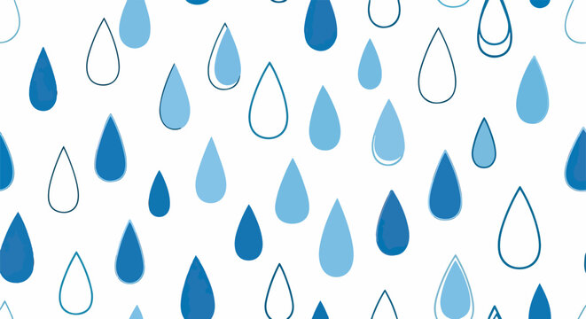 Padr&atilde;o sem costura de gotas de chuva azuis e brancas, ilustrando um conceito de &aacute;gua e frescor em design gr&aacute;fico.