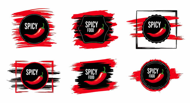 Conjunto de seis r&oacute;tulos e emblemas de comida picante com piment&atilde;o vermelho, texto e pinceladas vibrantes para design de menu ou embalagem.