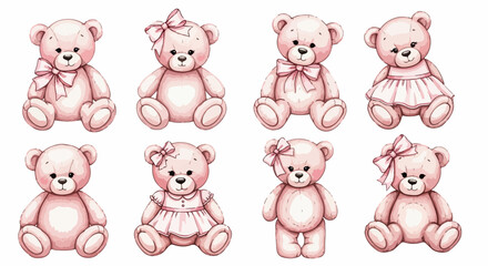 Fototapeta premium Coleção adorável de oito ursinhos de pelúcia rosa com laços e vestidos, ilustrados em estilo aquarela para design infantil e celebrações de bebê.