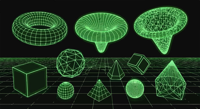 Uma cole&ccedil;&atilde;o de formas geom&eacute;tricas 3D em wireframe, exibindo um brilho verde neon sobre um fundo escuro com grade, representando conceitos digitais e tecnol&oacute;gicos.