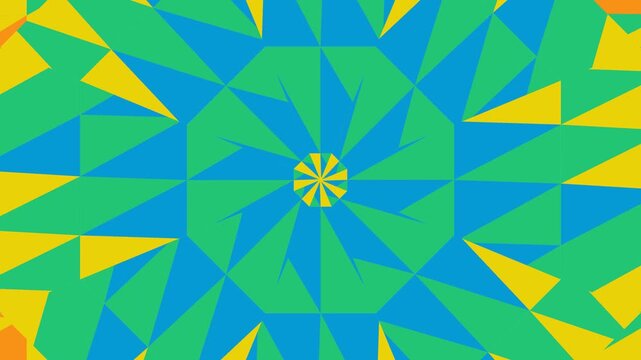 Vibrant abstract geometric kaleidoscope pattern with repeating blue, green, and yellow triangular and trapezoidal shapes creating a symmetrical design.