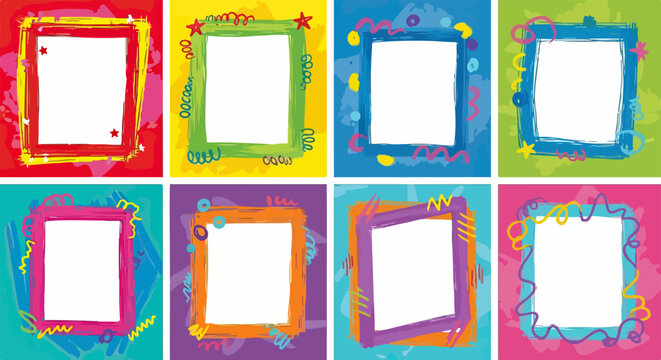 Cole&ccedil;&atilde;o vibrante de molduras coloridas com bordas decorativas em estilo rabisco, ideais para design infantil e elementos gr&aacute;ficos criativos.