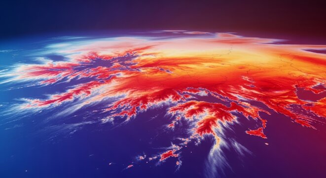Computer generated visualization of extreme thermal anomaly predicted by climate models, showing dangerous temperature increases across large regions, visualization, simulation, severe