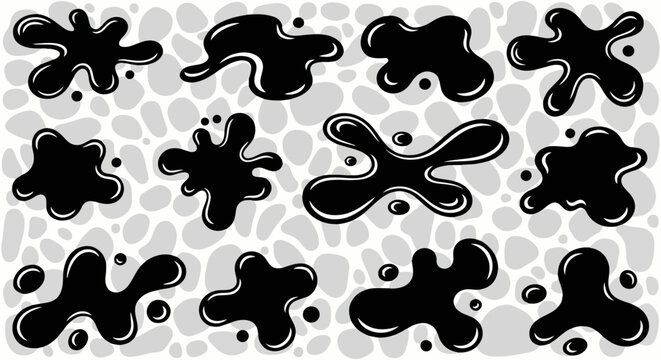 Cole&ccedil;&atilde;o vetorial de respingos de tinta preta e manchas abstratas em fundo cinza claro, ideal para design gr&aacute;fico e texturas.