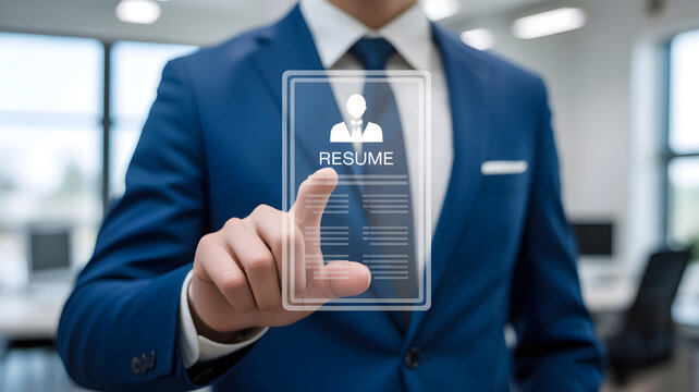 Businessman touches resume icon on Business picture transparent screen in office hiring career
