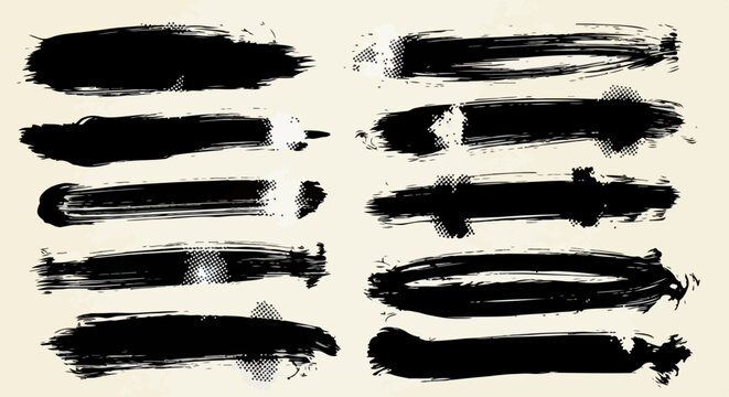 Conjunto de pinceladas de tinta preta org&acirc;nicas e abstratas, estilo sumi-e, perfeitas para design gr&aacute;fico e fundos criativos.