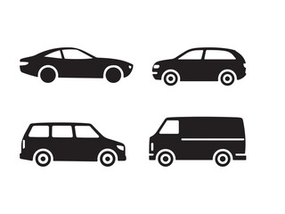 Fototapeta premium Four black vehicle on white background sedan minivan