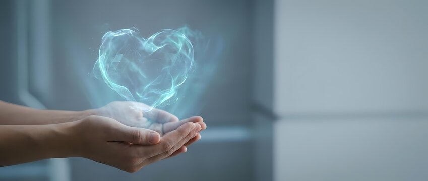 Hands holding glowing blue heart hologram representing love, care, healthcare technology, charity donation, compassion and emotional wellness concepts.
