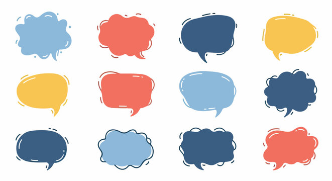Cole&ccedil;&atilde;o vibrante de bal&otilde;es de fala e pensamento em estilo doodle, com contornos rabiscados e formas irregulares, ideal para comunica&ccedil;&atilde;o e design.