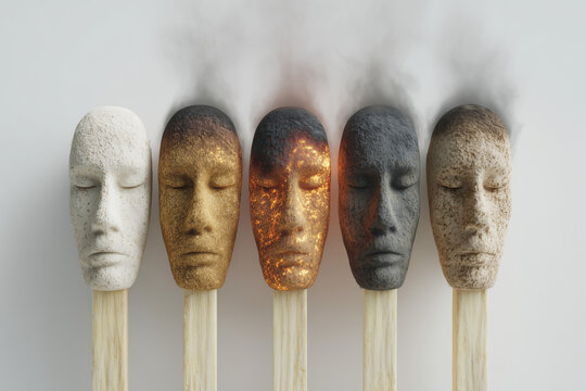 Five Human Face Sculptures on Sticks in Different Textures on White Background