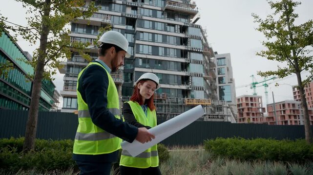 Two architects build workers Caucasian woman man engineers discuss plan building female male colleagues partners in safety hat reflective vest talking project city blueprint builders team architecture