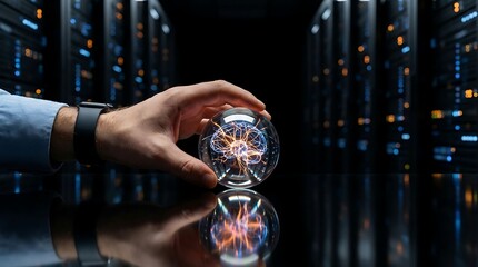 Innovative technology concept with glowing brain in glass sphere