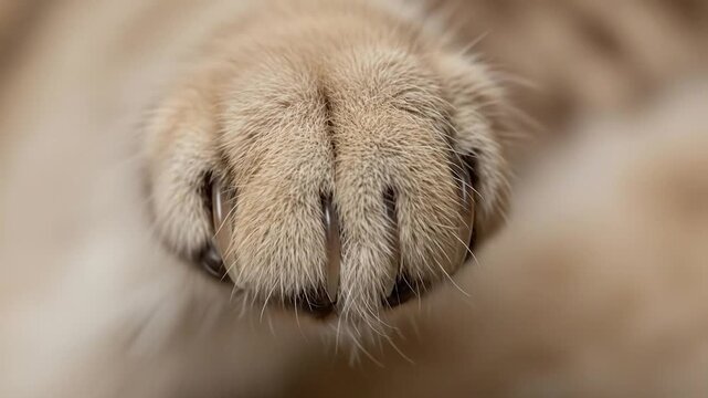 A close-up shot of a cat's paw, showing fur, pads, and sharp claws