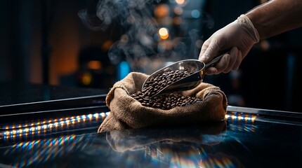 Roasted coffee beans spilled from scoop onto burlap sack on industrial roasting equipment