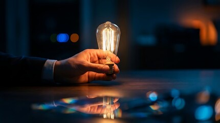 Hand holding glowing light bulb on modern office desk with bokeh background