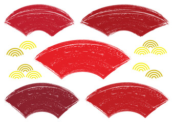 手描き筆タッチの和風扇型フレームセット/赤