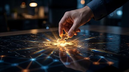 Businessman placing final puzzle piece in glowing jigsaw puzzle on modern office desk