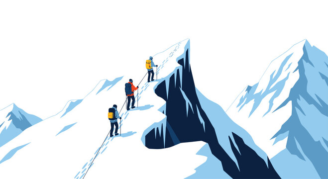 Three mountaineers wearing winter gear and backpacks climb a steep snowy mountain ridge while connected by a safety rope against a white and blue background.