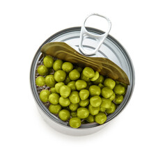 Tin can with canned green peas on white background