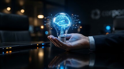 Businessman holding glowing blue light bulb with brain inside