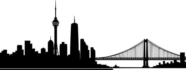 Obraz premium Minimalist black and white of a city skyline featuring a tower and suspension bridge cityscape 
